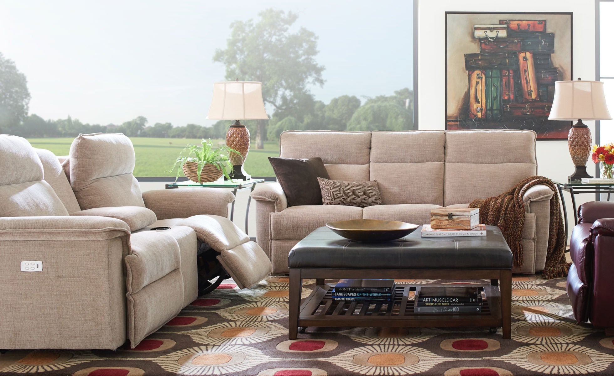 Living room scene with Jay Power Reclining Loveseat w/ Console and Jay Power Reclining Sofa